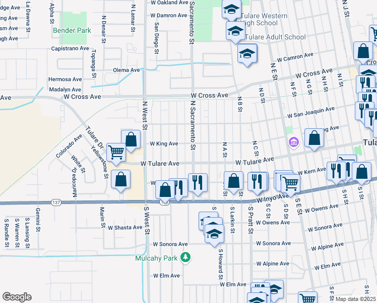 map of restaurants, bars, coffee shops, grocery stores, and more near 136 North Sacramento Street in Tulare