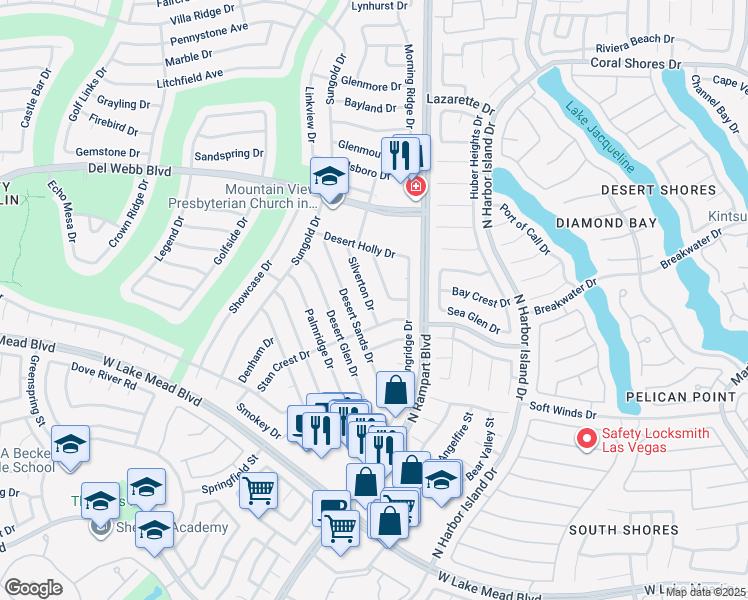 map of restaurants, bars, coffee shops, grocery stores, and more near 2520 Silverton Drive in Las Vegas