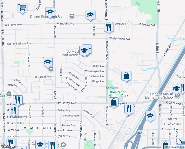 map of restaurants, bars, coffee shops, grocery stores, and more near 412 Duchess Avenue in North Las Vegas