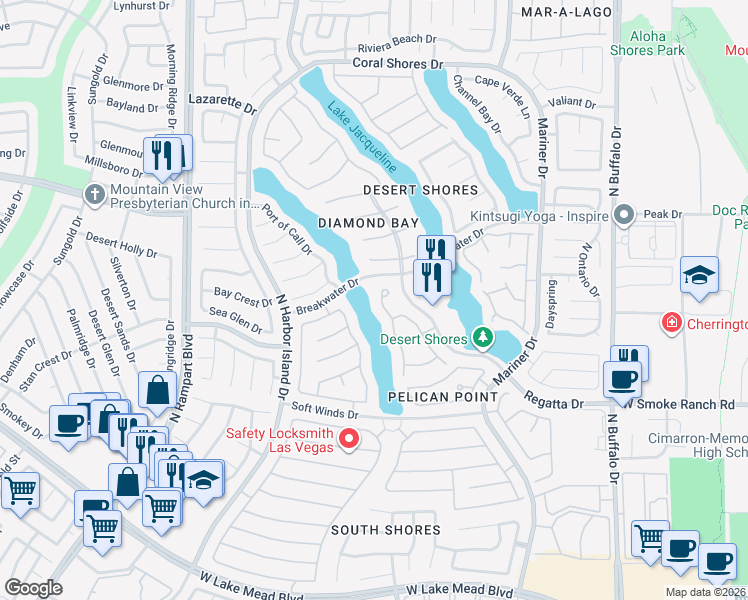 map of restaurants, bars, coffee shops, grocery stores, and more near 2588 Sun Reef Road in Las Vegas