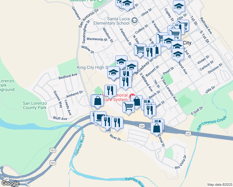 map of restaurants, bars, coffee shops, grocery stores, and more near 905 Broadway Street in King City