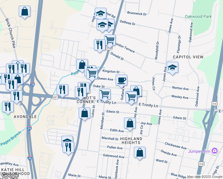 map of restaurants, bars, coffee shops, grocery stores, and more near 212 Duke Street in Nashville