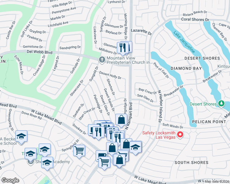 map of restaurants, bars, coffee shops, grocery stores, and more near 2520 Silverton Drive in Las Vegas