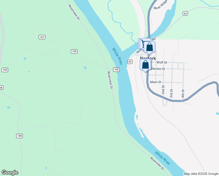 map of restaurants, bars, coffee shops, grocery stores, and more near 1275 Riverview Drive in Norfork