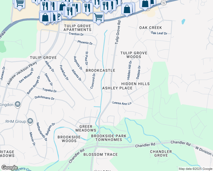 map of restaurants, bars, coffee shops, grocery stores, and more near 118 Brooke Castle Drive in Nashville