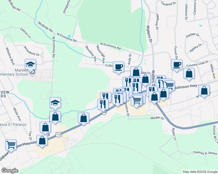 map of restaurants, bars, coffee shops, grocery stores, and more near 2300 West Andrew Johnson Highway in Morristown