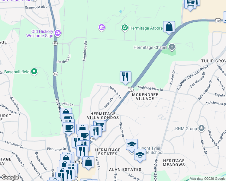 map of restaurants, bars, coffee shops, grocery stores, and more near 362 Monaco Drive in Nashville