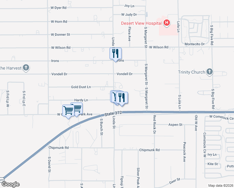 map of restaurants, bars, coffee shops, grocery stores, and more near 867 Linda Street in Pahrump