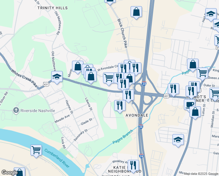 map of restaurants, bars, coffee shops, grocery stores, and more near 317 West Trinity Lane in Nashville