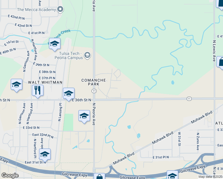 map of restaurants, bars, coffee shops, grocery stores, and more near 3723 North Quaker Avenue in Tulsa