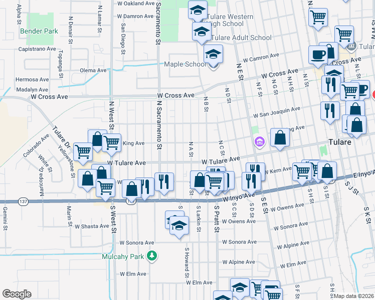 map of restaurants, bars, coffee shops, grocery stores, and more near 130 North California Street in Tulare