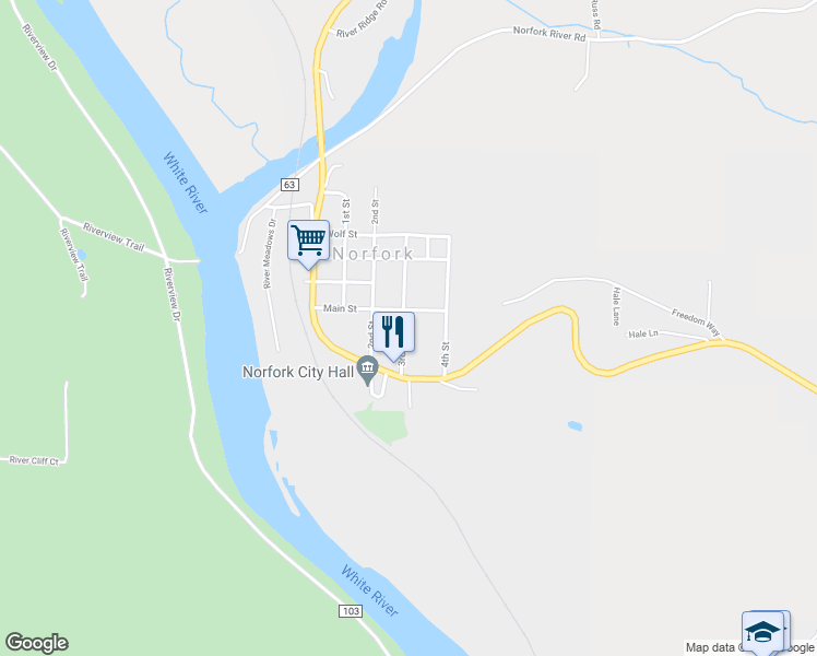 map of restaurants, bars, coffee shops, grocery stores, and more near 113 3rd St in Norfork