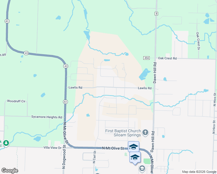 map of restaurants, bars, coffee shops, grocery stores, and more near 2550 Bridlecreek Road in Siloam Springs