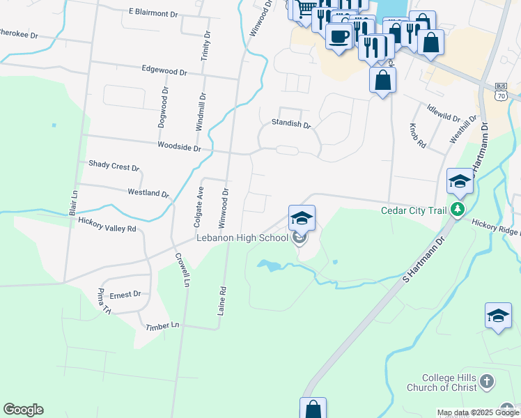 map of restaurants, bars, coffee shops, grocery stores, and more near 2035 Hickory Ridge Rd in Lebanon