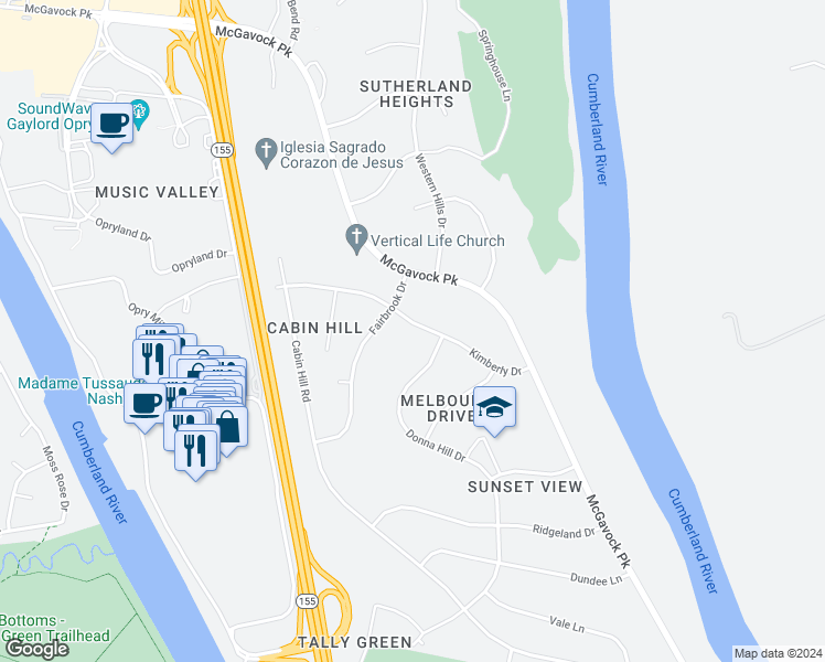 map of restaurants, bars, coffee shops, grocery stores, and more near 2409 Kimberly Drive in Nashville