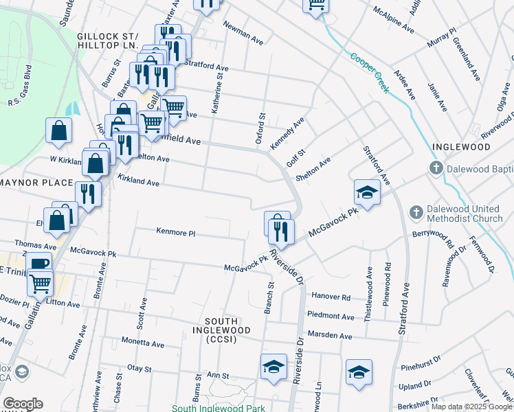 map of restaurants, bars, coffee shops, grocery stores, and more near 1404 Kirkland Avenue in Nashville