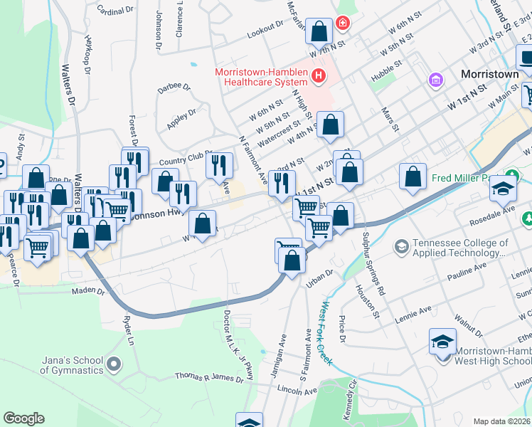 map of restaurants, bars, coffee shops, grocery stores, and more near 1321 West 1st North Street in Morristown