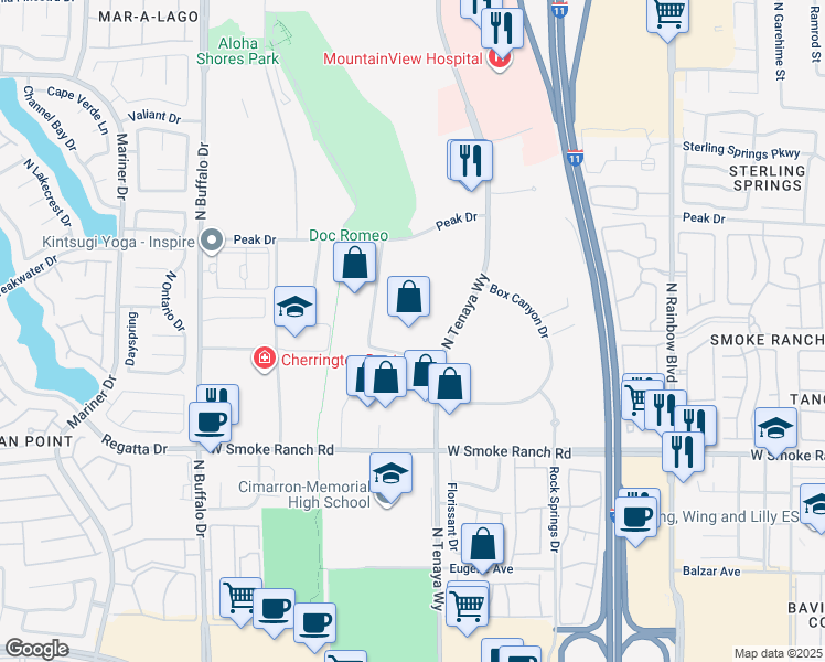 map of restaurants, bars, coffee shops, grocery stores, and more near 7350 Prairie Falcon Road in Las Vegas