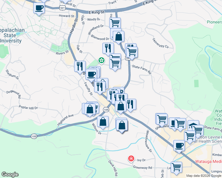 map of restaurants, bars, coffee shops, grocery stores, and more near 184 Realty Row in Boone