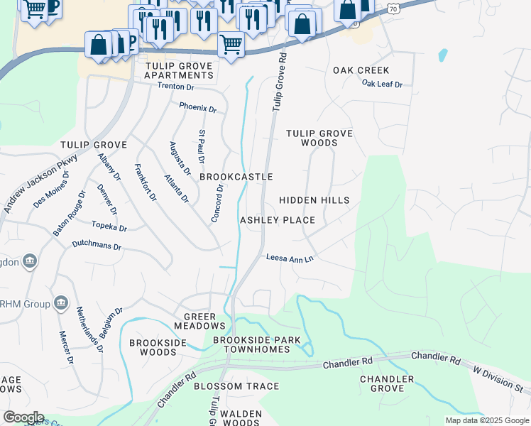 map of restaurants, bars, coffee shops, grocery stores, and more near 4717 Ashley Way in Nashville