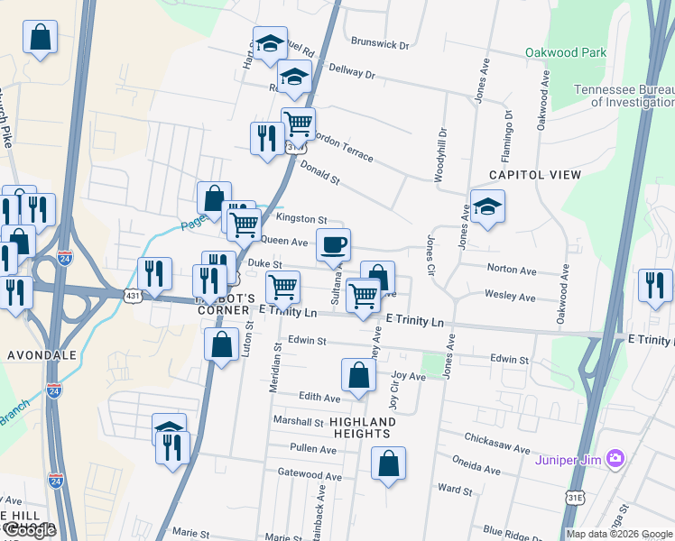 map of restaurants, bars, coffee shops, grocery stores, and more near 2116 Sultana Avenue in Nashville