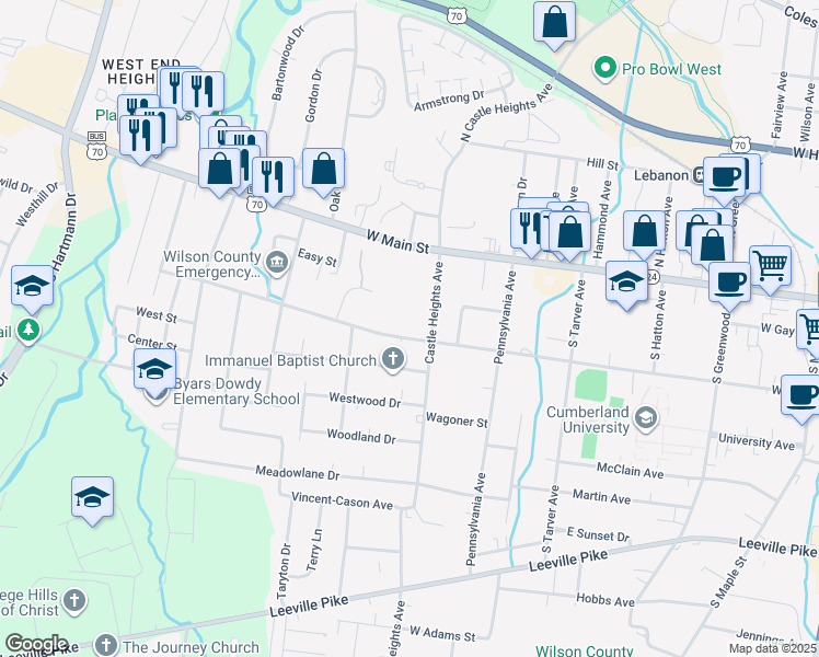 map of restaurants, bars, coffee shops, grocery stores, and more near 701 West Spring Street in Lebanon