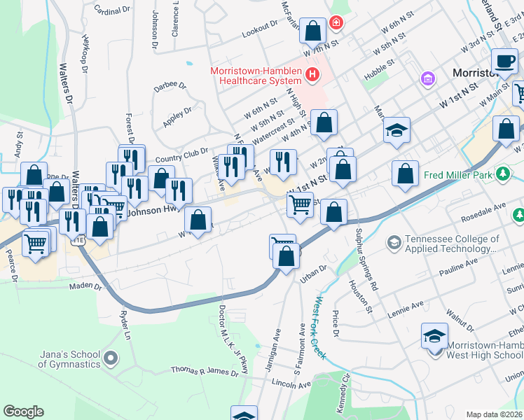 map of restaurants, bars, coffee shops, grocery stores, and more near 1321 West 1st North Street in Morristown