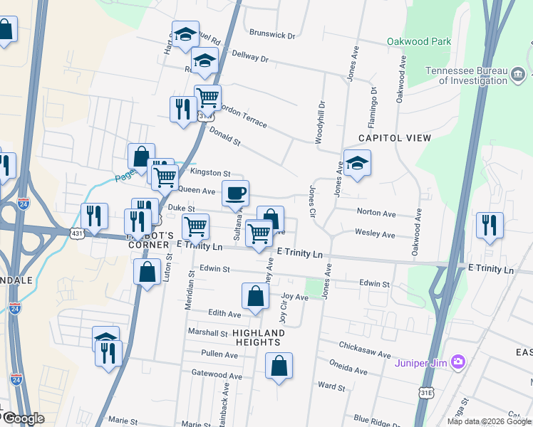 map of restaurants, bars, coffee shops, grocery stores, and more near 318A Duke Street in Nashville