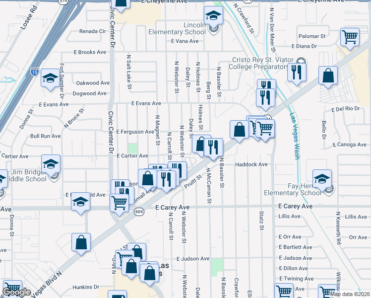 map of restaurants, bars, coffee shops, grocery stores, and more near 2604 North Webster Street in North Las Vegas