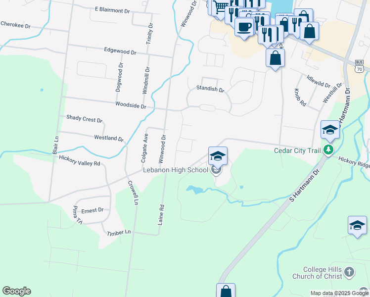 map of restaurants, bars, coffee shops, grocery stores, and more near 2035 Hickory Ridge Road in Lebanon