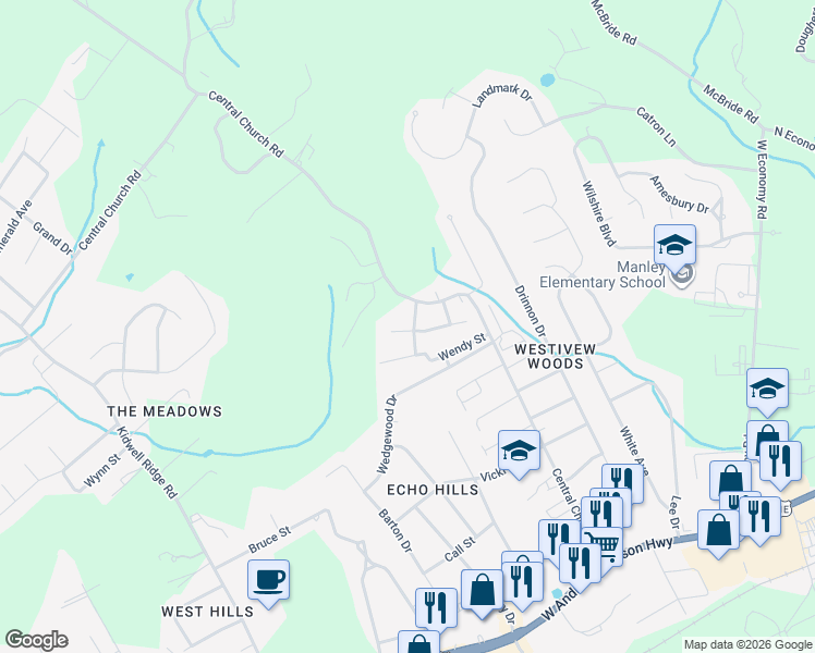 map of restaurants, bars, coffee shops, grocery stores, and more near 3524 Dedra Street in Morristown