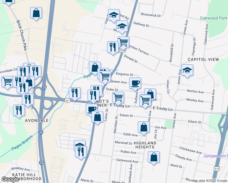 map of restaurants, bars, coffee shops, grocery stores, and more near 114 Duke Street in Nashville