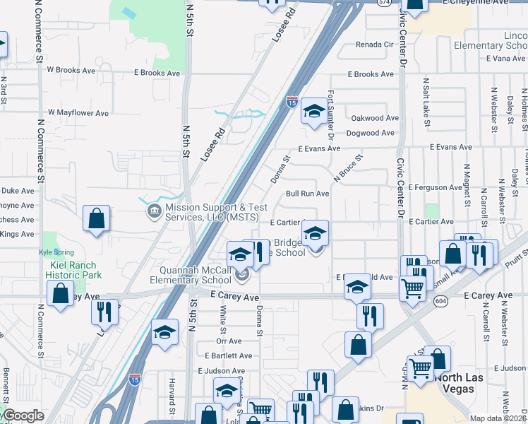 map of restaurants, bars, coffee shops, grocery stores, and more near 2608 Donna Street in North Las Vegas