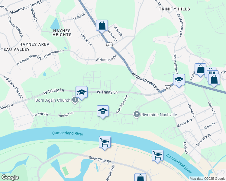 map of restaurants, bars, coffee shops, grocery stores, and more near 829 West Trinity Lane in Nashville