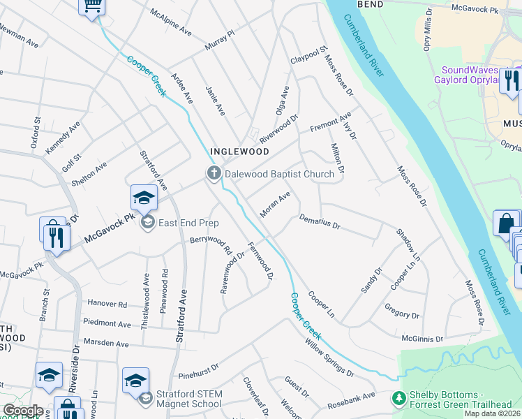 map of restaurants, bars, coffee shops, grocery stores, and more near 2038 Cooper Lane in Nashville