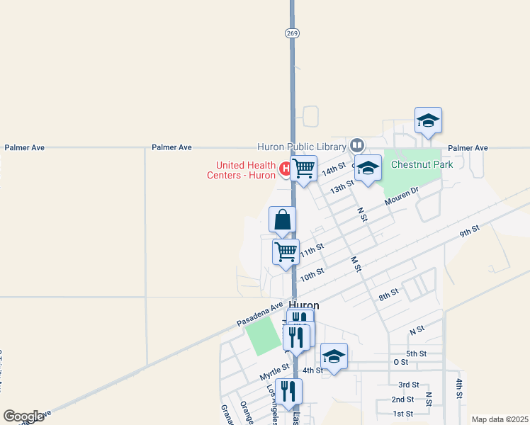 map of restaurants, bars, coffee shops, grocery stores, and more near 36250 Fresno Street in Huron