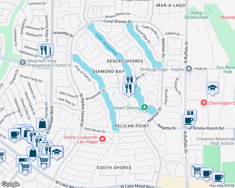 map of restaurants, bars, coffee shops, grocery stores, and more near 2596 Sun Reef Road in Las Vegas