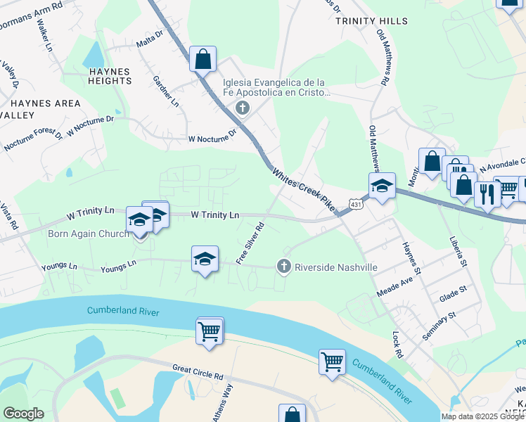 map of restaurants, bars, coffee shops, grocery stores, and more near 1000 Free Silver Road in Nashville