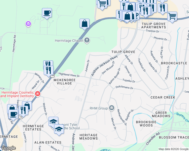 map of restaurants, bars, coffee shops, grocery stores, and more near in Nashville