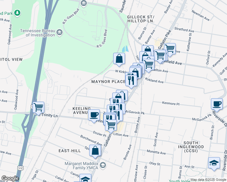 map of restaurants, bars, coffee shops, grocery stores, and more near 1016A Maynor Avenue in Nashville