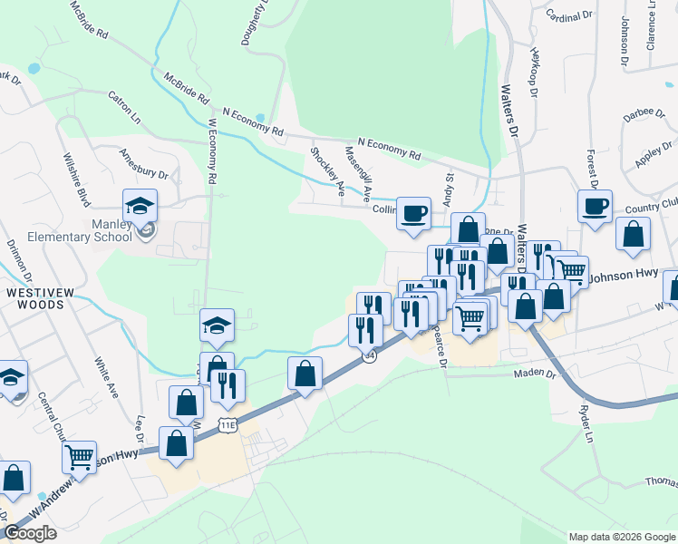 map of restaurants, bars, coffee shops, grocery stores, and more near 2606 West Andrew Johnson Highway in Morristown