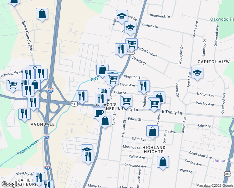 map of restaurants, bars, coffee shops, grocery stores, and more near 2301 Dickerson Pike in Nashville