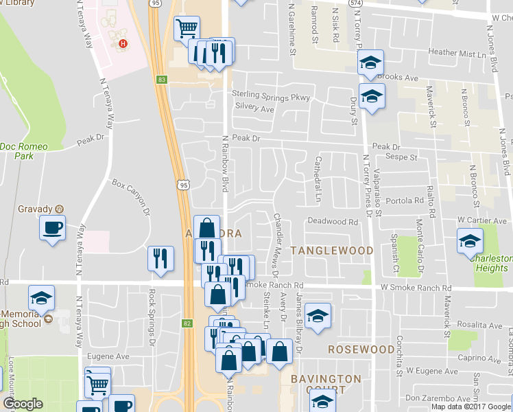 map of restaurants, bars, coffee shops, grocery stores, and more near 2581 Silver Shadow Drive in Las Vegas