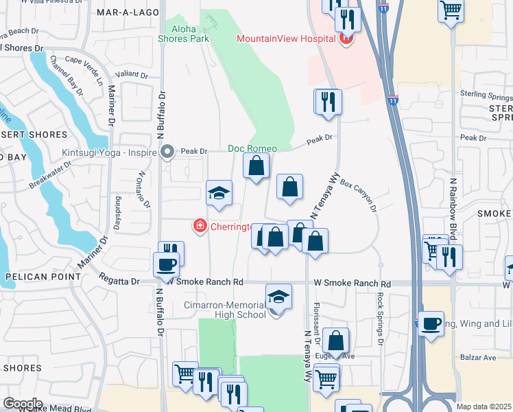 map of restaurants, bars, coffee shops, grocery stores, and more near 7381 Prairie Falcon Road in Las Vegas