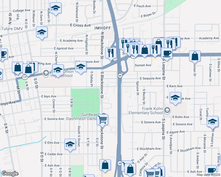 map of restaurants, bars, coffee shops, grocery stores, and more near 301 Orange Circle in Tulare