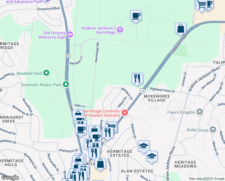 map of restaurants, bars, coffee shops, grocery stores, and more near 4268 Samoa Drive in Nashville