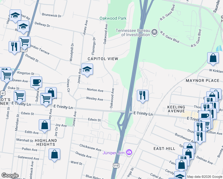 map of restaurants, bars, coffee shops, grocery stores, and more near 544 Norton Avenue in Nashville