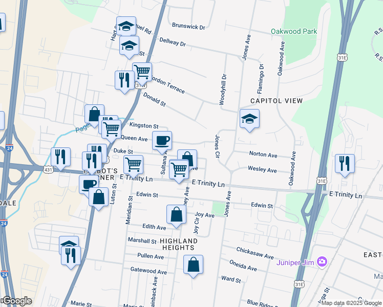 map of restaurants, bars, coffee shops, grocery stores, and more near 318A Duke Street in Nashville