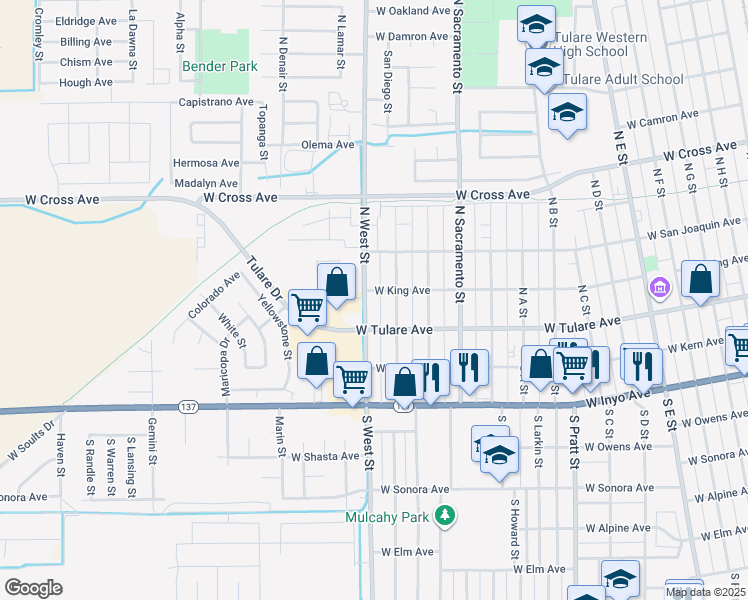 map of restaurants, bars, coffee shops, grocery stores, and more near 128 North West Street in Tulare