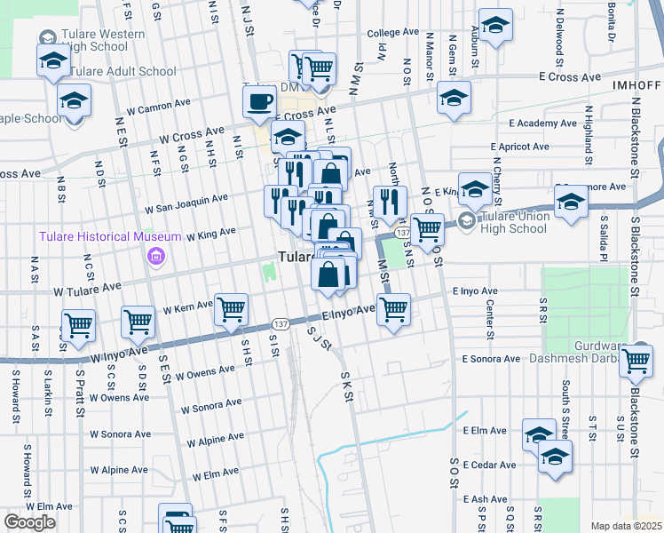 map of restaurants, bars, coffee shops, grocery stores, and more near 157 South K Street in Tulare